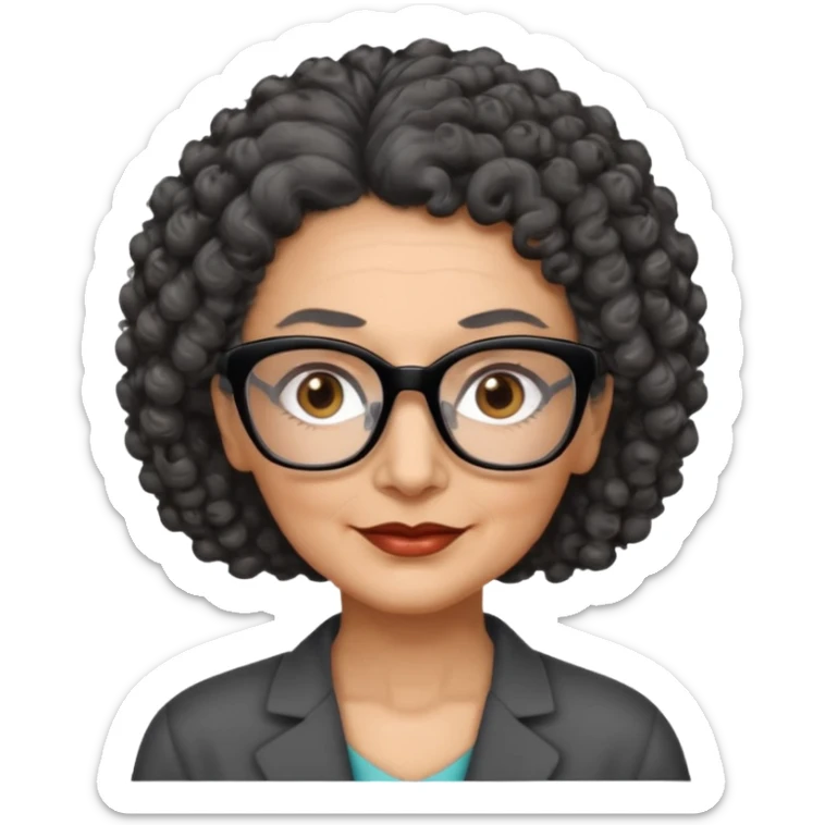 femme 60 ans cheveux gris foncé très bouclé attaché et yeux marrons foncé,  lunettes rectangle noir sticker