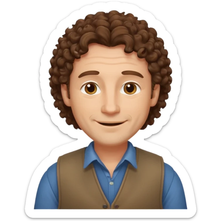 middle aged man, curly brown hair, wearing a vest, gentle smile sticker