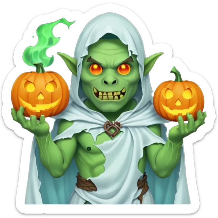 male orc ghost emoji, green skin, tusks, wearing torn white ghost sheet costume, holding glowing jack-o'-lantern, faint blue aura, friendly but spooky expression, Halloween fantasy theme, Apple emoji style, clean white background, square sticker