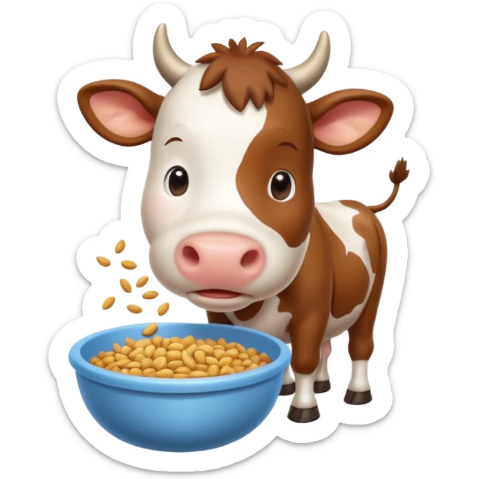 cute cow eating animal feed, hay and grains in a feeding bowl, 3D cartoon, mobile game icon style, clean background, no text, no watermark
 sticker