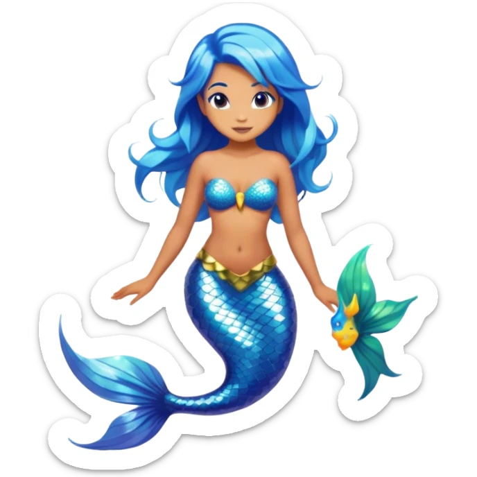Cinematic Realistic Blue Hair Mermaid Portrait, depicted with lifelike, sun-kissed tanned skin that exudes a warm, radiant glow under gentle underwater lighting. Her intricately detailed, flowing blue hair cascades like a waterfall of ocean hues, framing deep, mesmerizing eyes that capture the vibrant spirit of the sea. Adorned with a shimmering tail and delicate tropical accents, the portrait features an enchanting underwater glow that blends realism with mythic coastal allure. sticker