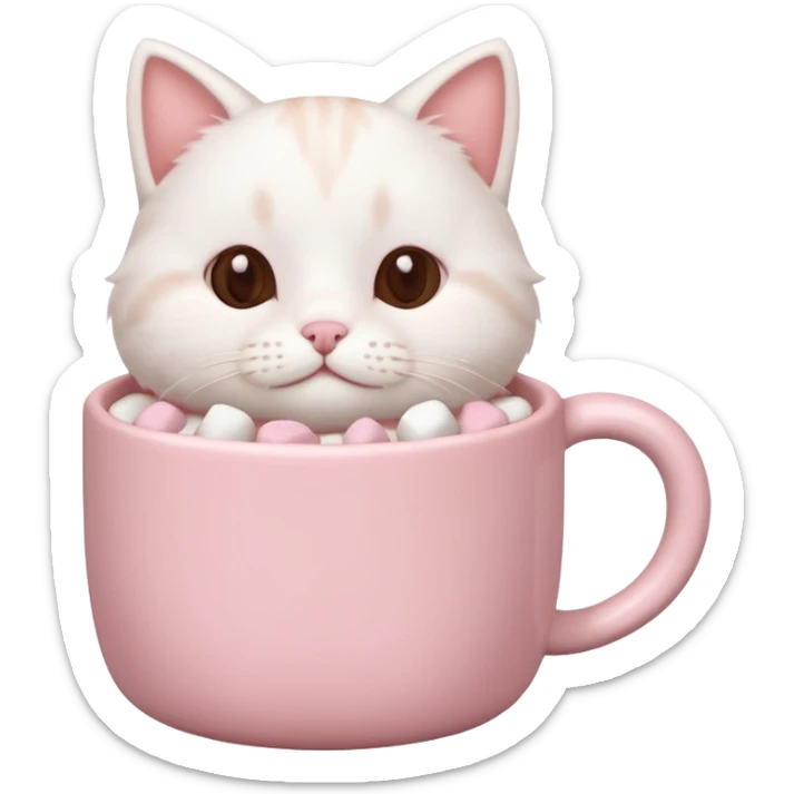 cute white cat relaxing in a pastel pink mug of cocoa with marshmallows, soft lighting, rounded shapes sticker