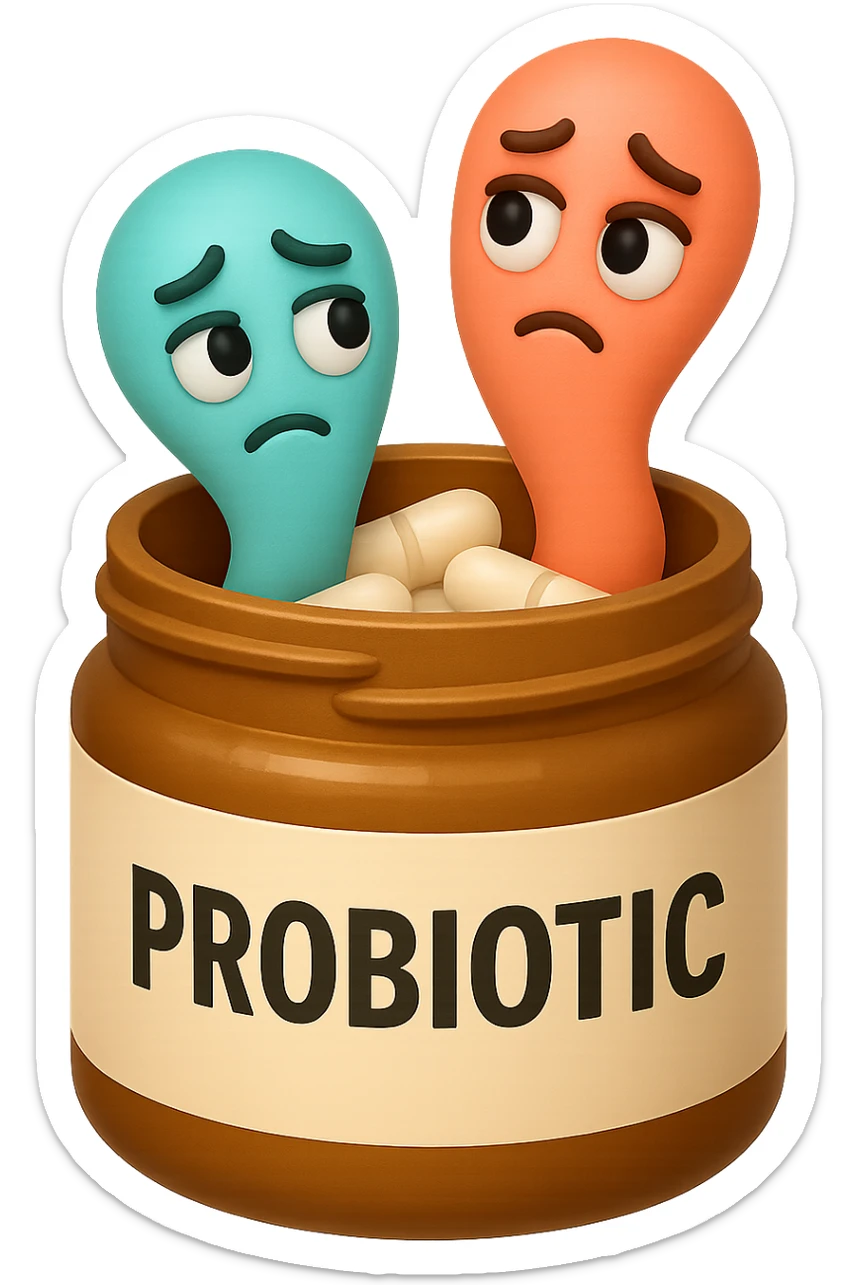 EMOJI STILE IPHONE DI UN barattolo di PROBIOTICI APERTO DA CUI ALL'INTERNO ESCONO BATTERI INTESTINALI TURCHESI E ROSA SALMONE CON ESPRESSIONE DUBBIOSA IN VOLTO, IPERREALISTICO 4K sticker