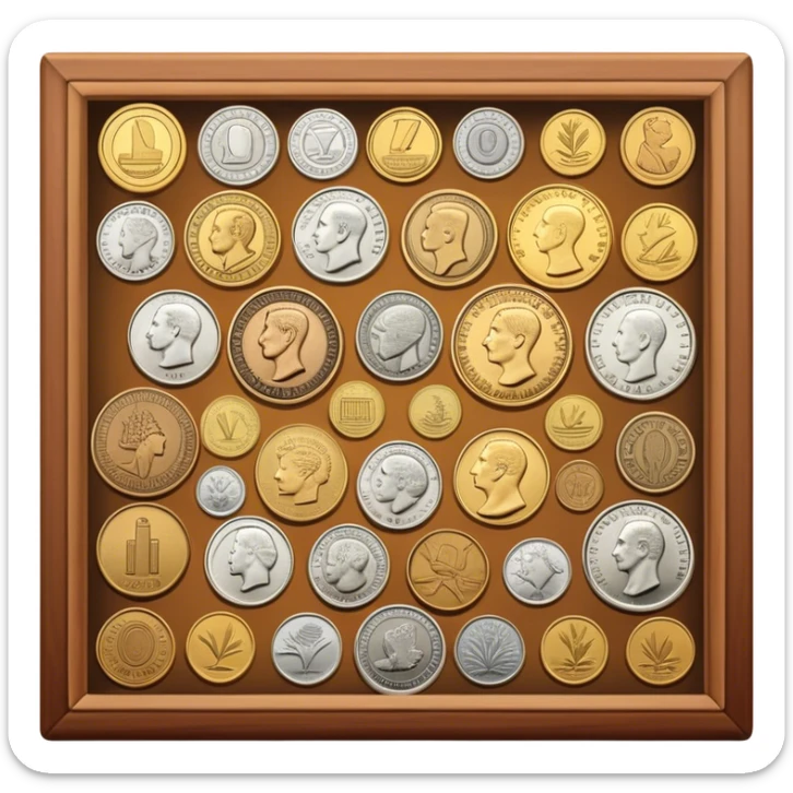 Icon for Coin Collecting: a collection of different vintage and modern coins of various forms and size, neatly arranged in a display case or on a table. The icon should highlight the diversity and historical value of coin collecting. Transparent background. sticker