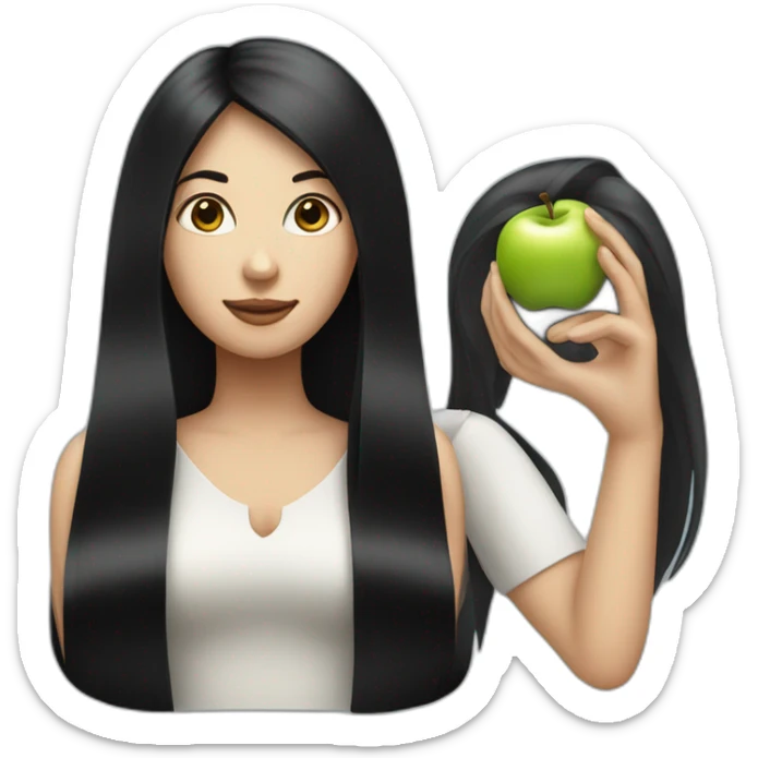 two women with straight long black hair and fair skin and an apple symbol sticker