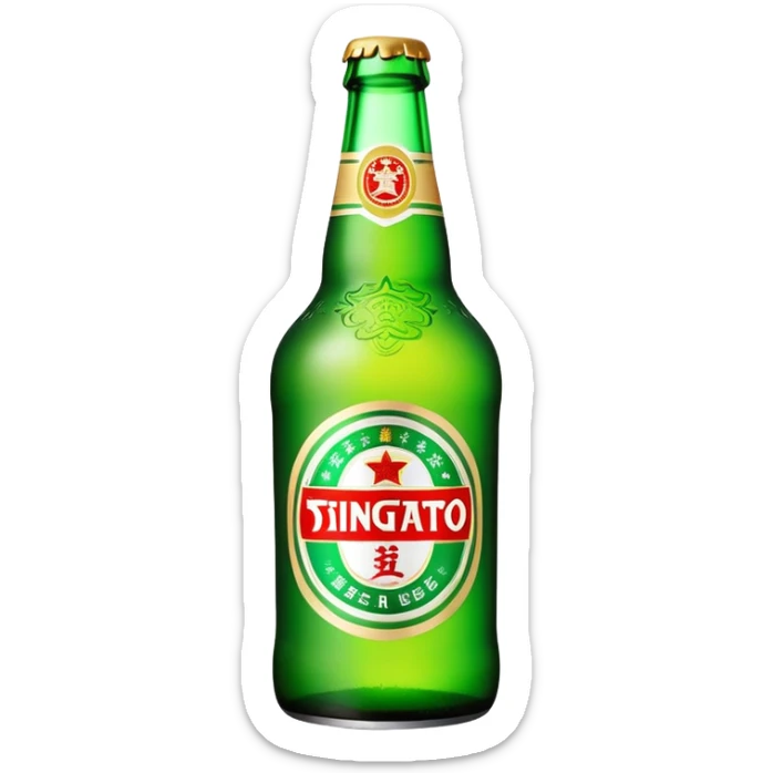 Tsingtao beer bottle, green bottle with iconic label, Chinese beer brand, foam, emoji style sticker