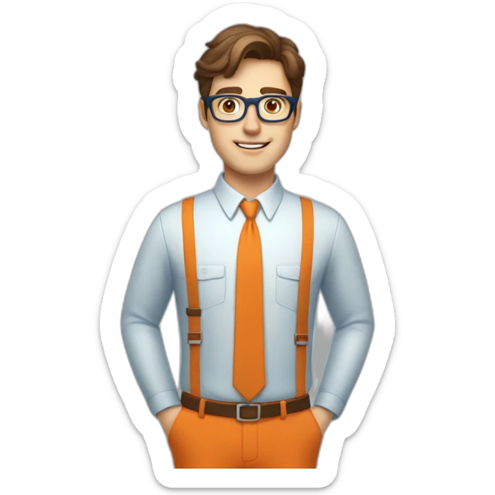 a brown-haired guy with square glasses, in an orange repairman's suit, blue eyes, sticker