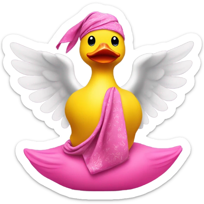 side view of yellow rubber duck with a pink bandana doing yoga, hands together sticker