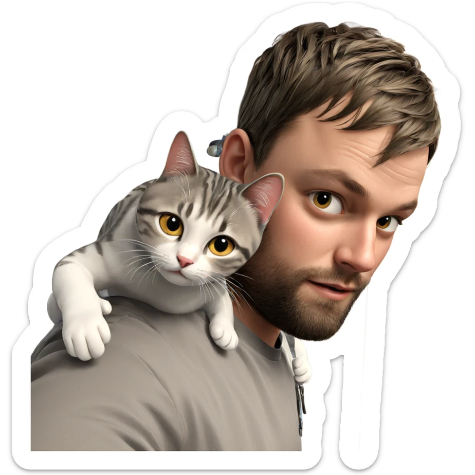 boy with cat on shoulder sticker