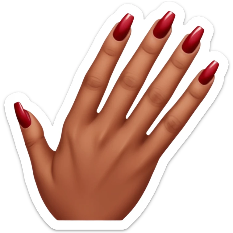 close-up of a left hand of a woman showing 3-4 fingernails out of five, painted in dark red nail polish, glossy finish, deep saturated red, smooth gradient, minimal details, clean and shiny
 sticker
