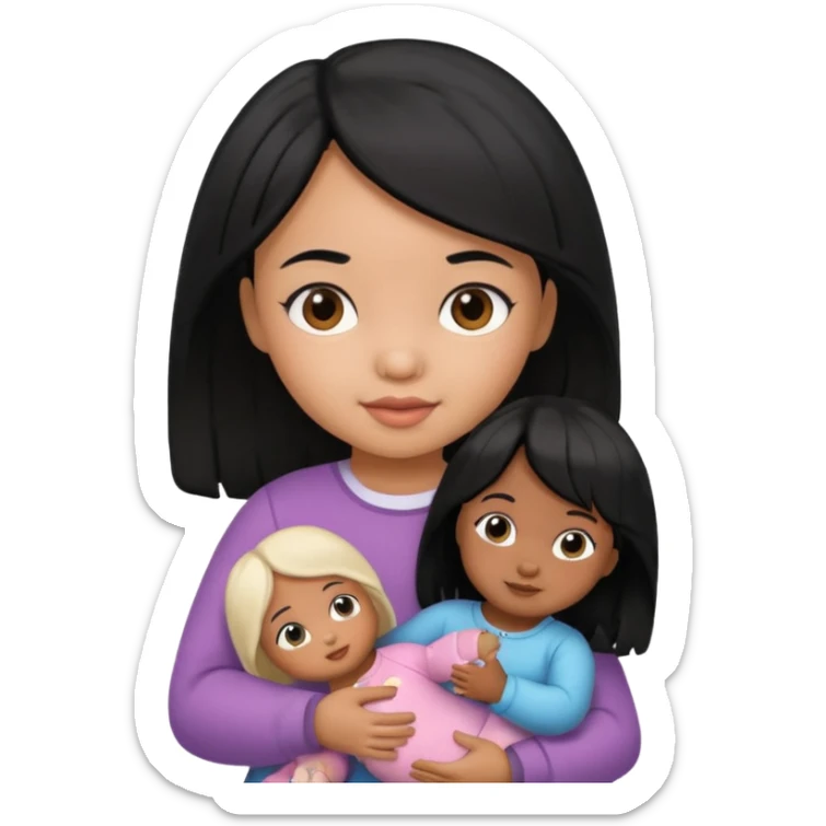 a Toddler black hair girl holding 1 doll sticker