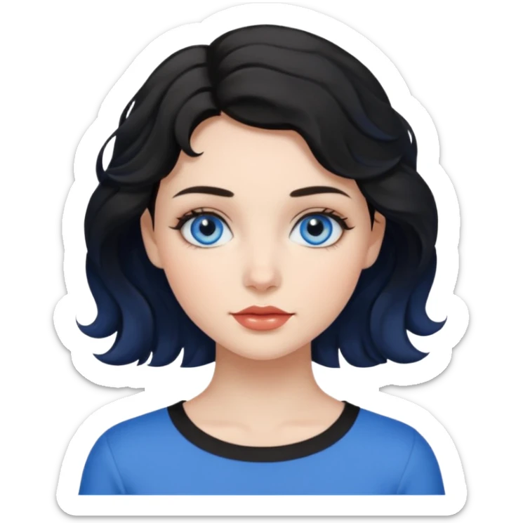 a girl with blue eyes, short black wavy hair, natural clean girl makeup sticker