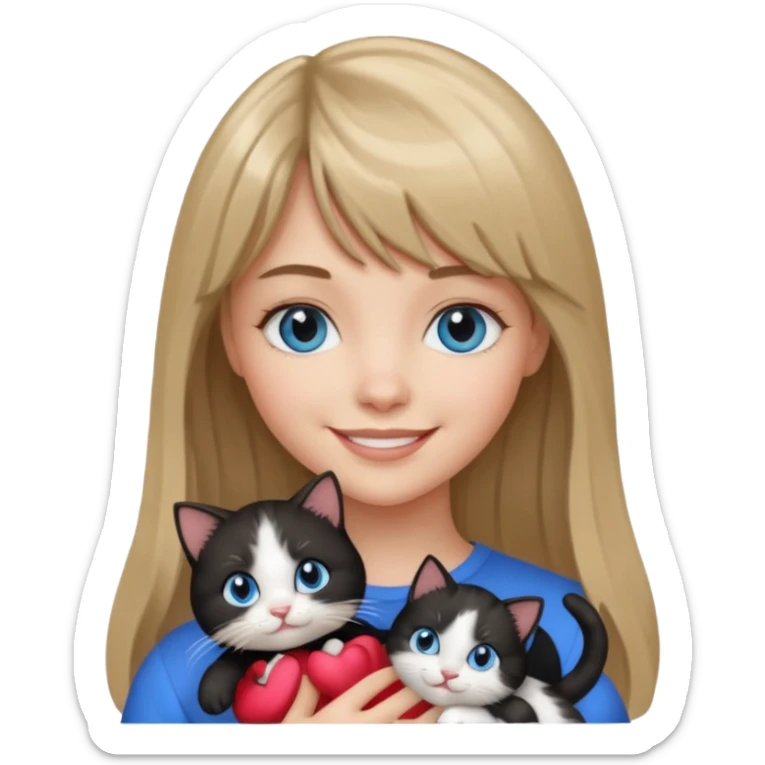 Apple-style emoji sticker of a young woman with long dark blond hair and bang, blue eyes , holding a black and white kitty sticker