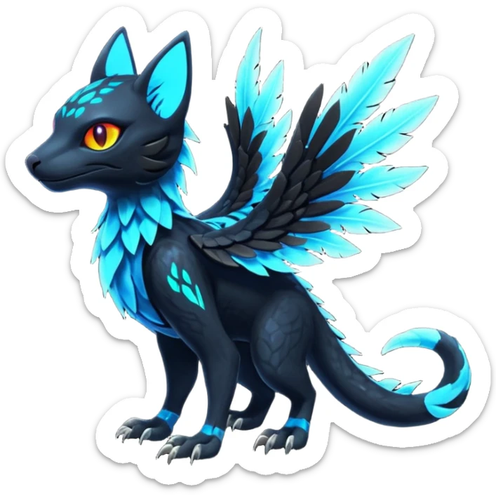 Black Dark Exotic Beaked Feathery Nocturnal Neon-glowing Abyssal Nightly Abyss-Cat-Gryphon-Salandit-Nargacuga-Silvally-Fakémon Creature (full body) sticker