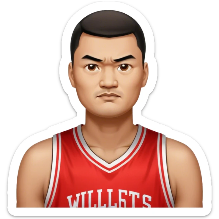 Yao Ming – Cinematic Realistic Portrait of Yao Ming, depicted as a towering basketball icon in a modern uniform, with a gentle yet determined expression and dynamic arena lighting that highlights his immense stature and graceful athleticism. sticker