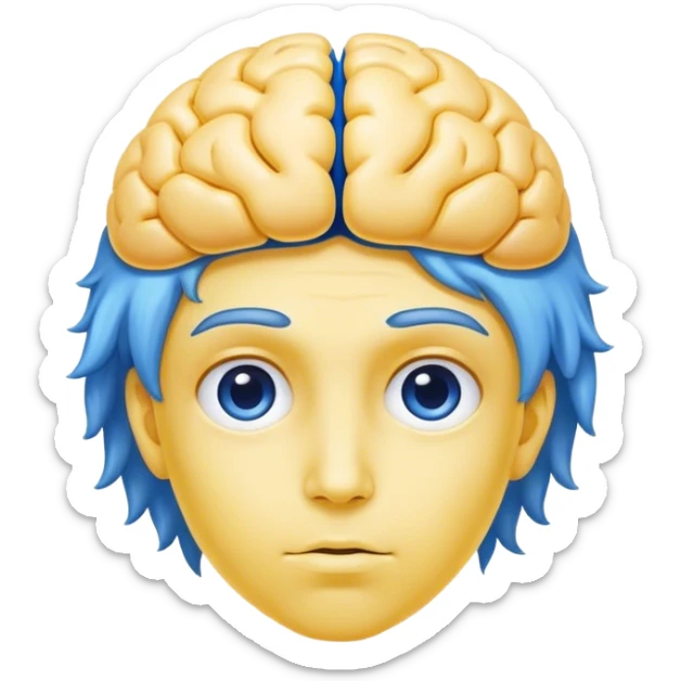 A real person face emoji, skin is emoji yellow, and hair is replaced by a blue brain sticker
