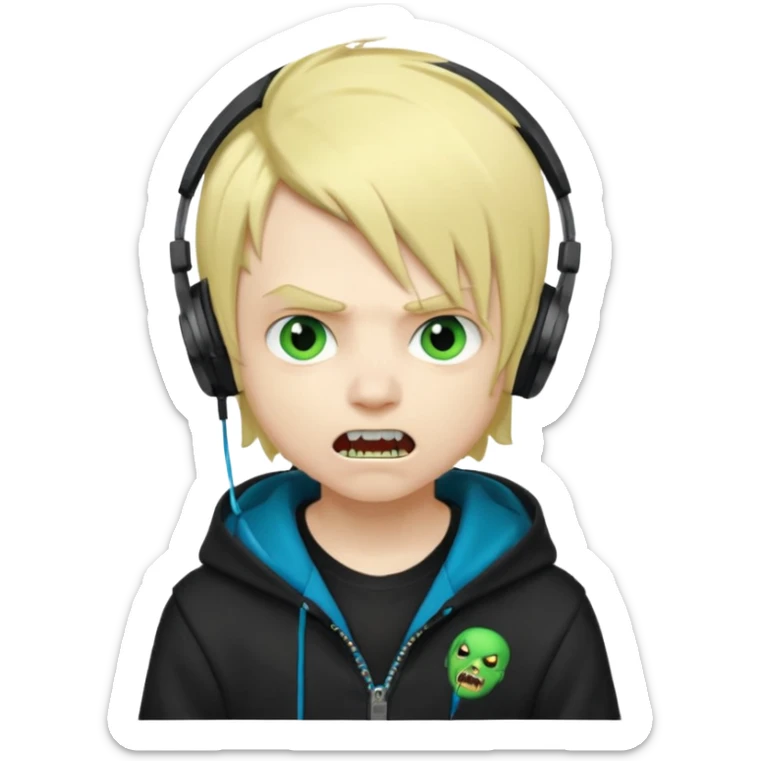 boy vampire whit blonde emo hair and eyes blue and GREEN SKIN and heandphones black AND A MICROFONE AND GOLD TEETH and agesive face and the hoodie black  sticker
