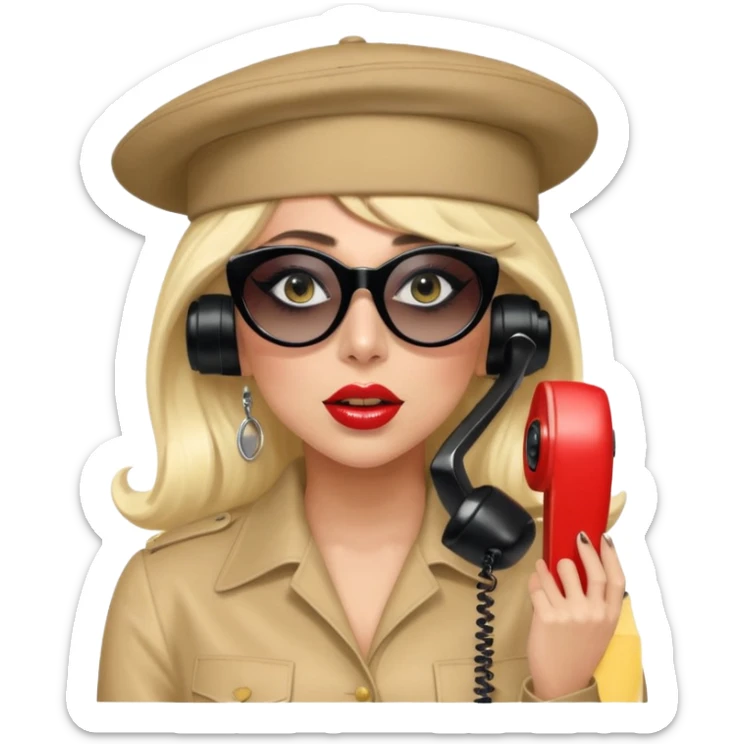 Lady Gaga in the Telephone video, wearing sunglasses and a telephone hat, dramatic pop fashion sticker