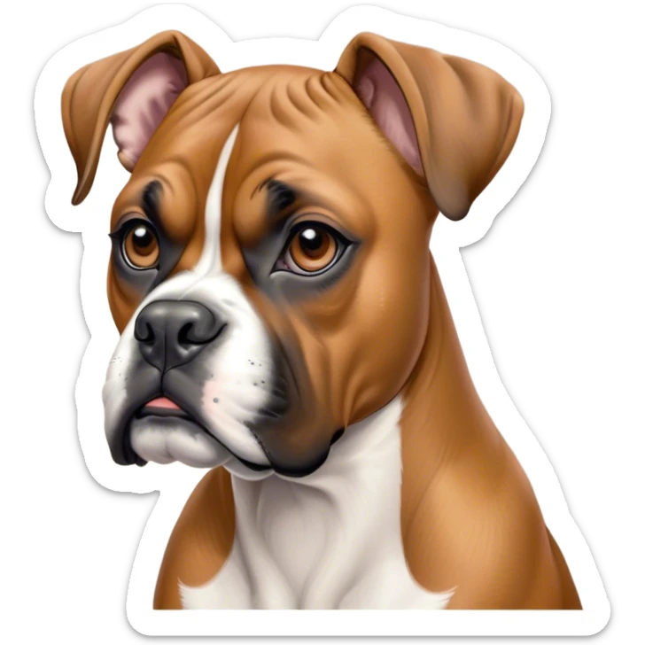 Cinematic Noble Fawn Boxer dog Portrait Emoji, Poised and regal, with a strong, muscular build and a sleek, well-groomed fawn Fur accented by a white muzzle and chest, deep-set soulful brown eyes, Simplified yet sharp and sophisticated features, highly detailed, glowing with a soft, dignified glow, high shine, intelligent and loyal, stylized with an air of strength, focused and attentive, soft glowing outline, capturing the essence of a watchful and confident guardian, so majestic it feels as though it could step out of the screen with effortless authority! sticker