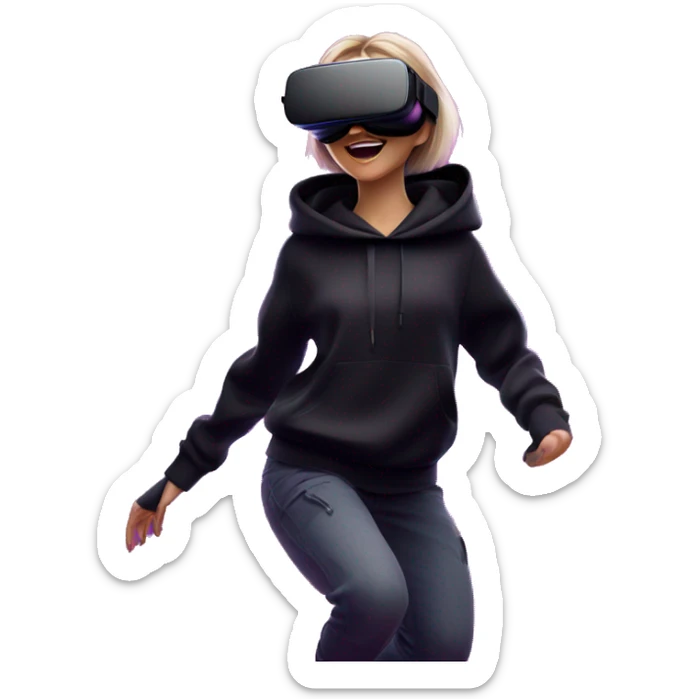 Russian girl wearing black hoody with violet letters "OMG", in vr headset oculus quest2. jumping. Cyberpunk style. Violet neon. sticker
