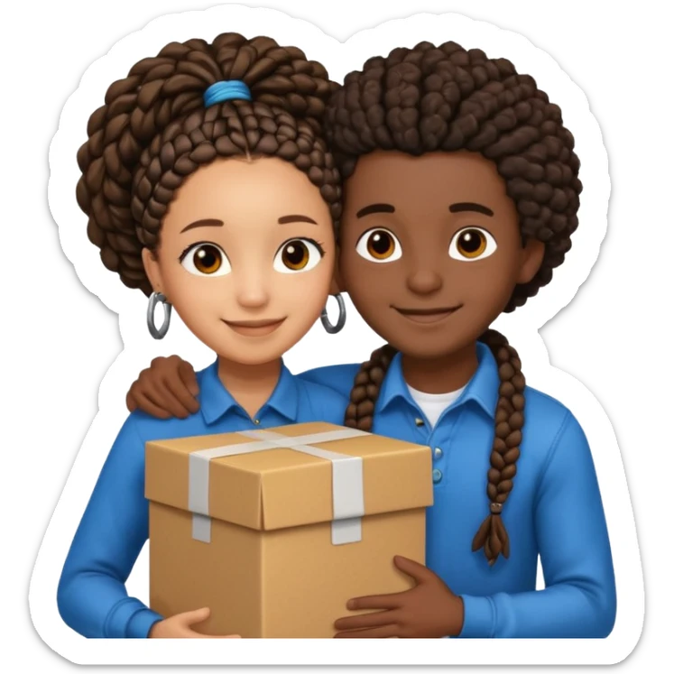 A lightskin with afro boy and dark skin girl with box braids hug sticker