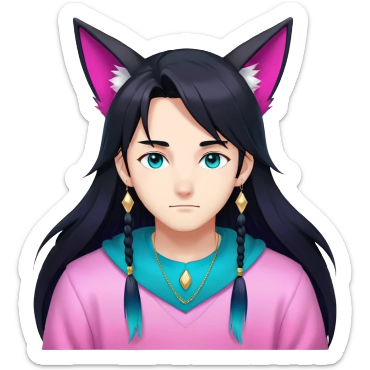 anime man with long-straight-dark-black hair, long black fox ears with pink Scapha, colorful-gradient-brown-turquoise eyes, gold earring, dark-blue-sweater, white pupils, turquoise tassel sticker