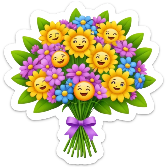 a bouquet of flowers with different facial expressions, emoji style, for Mother's Day sticker