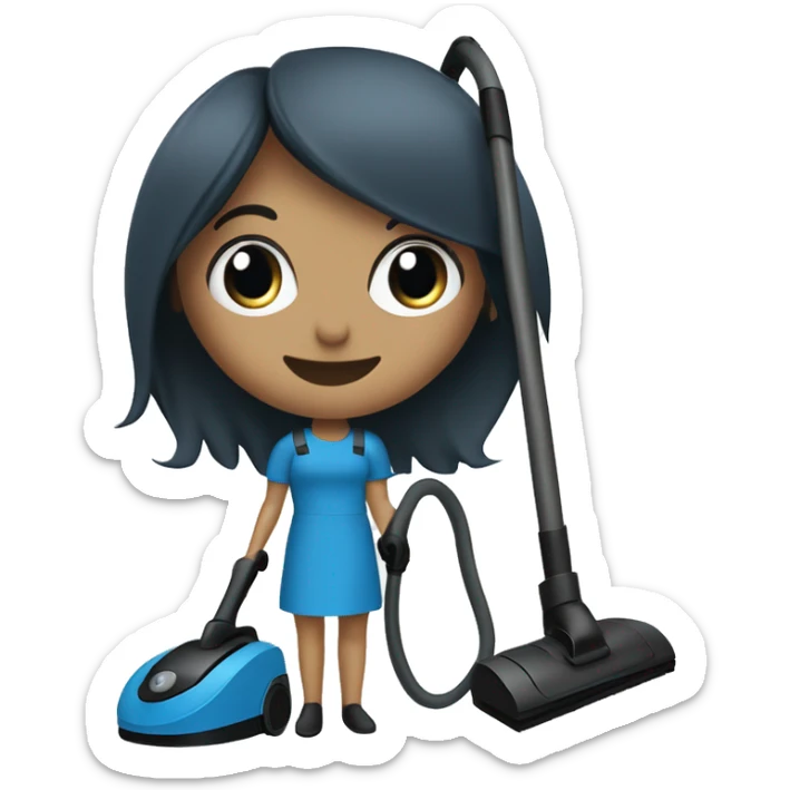 slate blue broom and vacuum cleaner, with a black lady, straight hair, small eyes, smiling sticker