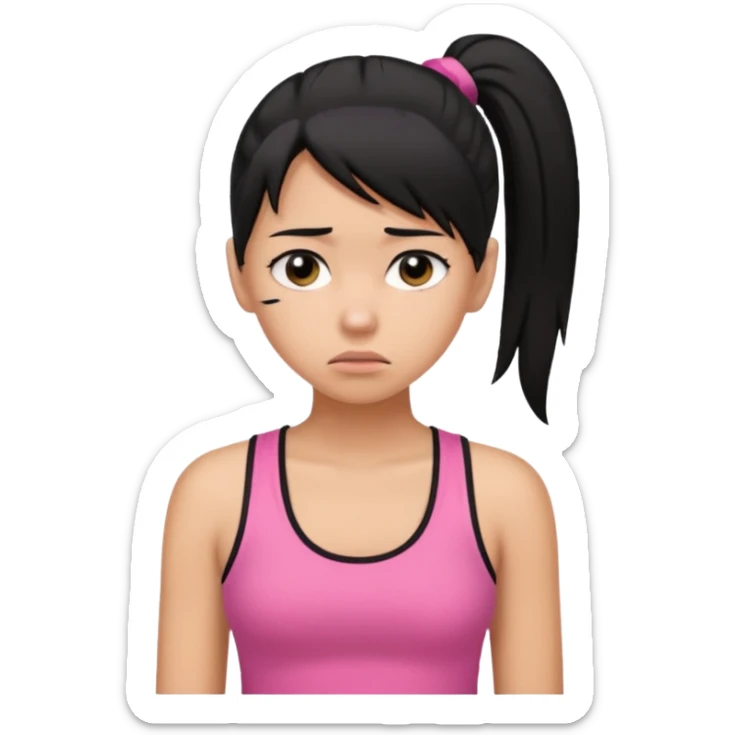 A tan girl with black hair in a ponytail. Wearing a pink tank top. Looking sad sticker