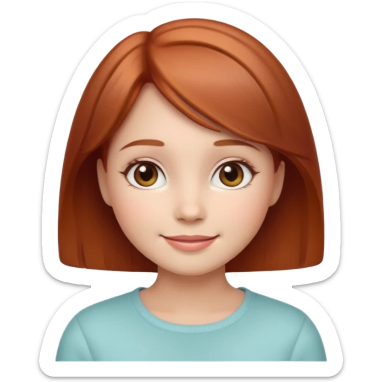 “Cute girly emoji portrait, warm friendly smile, short auburn hair with soft shine, rounded facial features, pastel color palette, subtle blush on cheeks, simplified facial details, soft gradient shading, cozy and feminine emoji style, clean light background. sticker