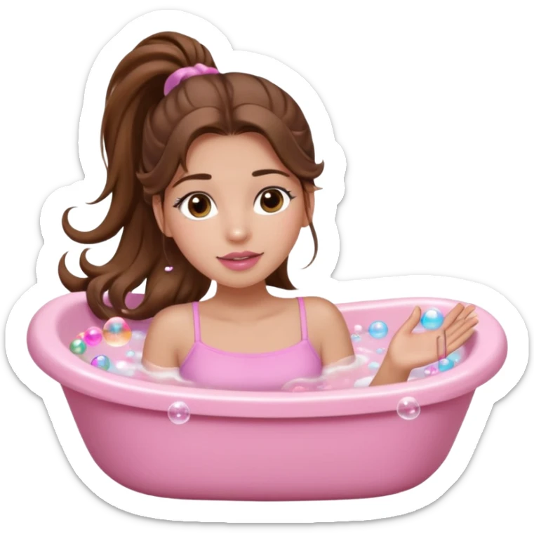 girl with wavy long ponytail brown hair, brown eyes, light to medium complexion, long lashes, light pink lipstick, wearing light pink shirt, lying full body in a white bathtub with bubbles sticker