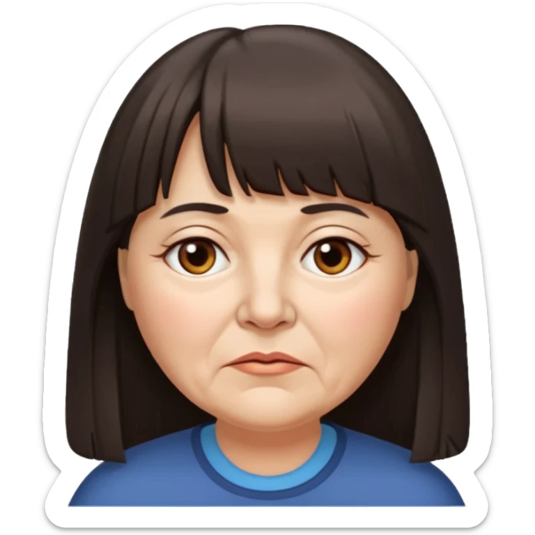 60 yr old woman, long hair down back, very small brown eyes, long hair, straight dark brown hair, bangs, chubby, long face, very tired sticker