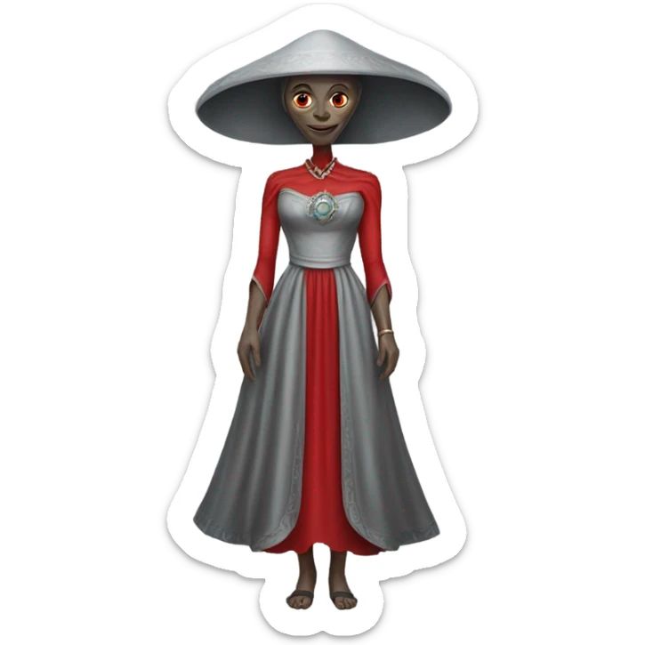 a gray alien woman, full body, in red Romanov dress sticker