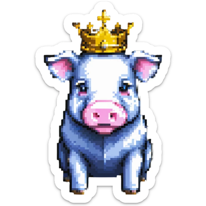 cute anime style pig with a golden crown, inspired by Technoblade, made out of Minecraft blocks, blocky and pixelated, expressive and charming sticker
