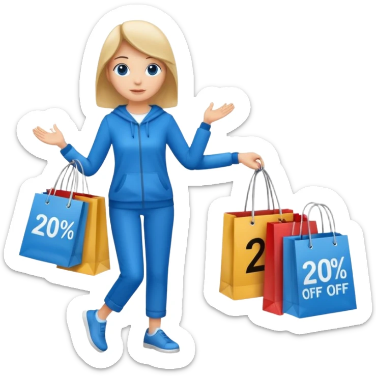 Person who is waiting the sale promotion with 20% off sign, wearing blue outfit and hanging some shopping bags sticker