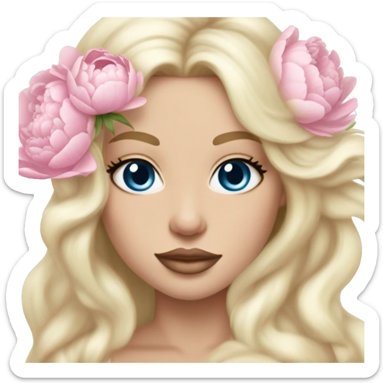White bride with long light blonde hair and blue eyes with light pink peonies in hair white skin light pink lips sticker