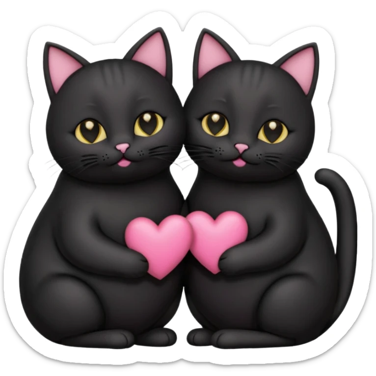 two fat cute black cats love, pink heart, closed mouth, black ears sticker