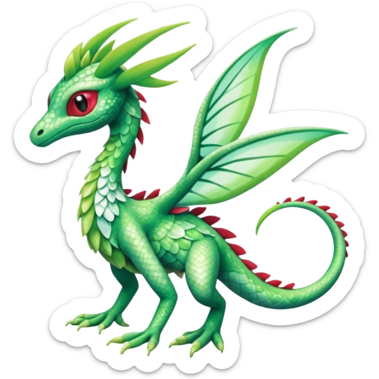 Sparkly White And Green Natural Flowery Colorful Grovyle-Flygon-Celebi-Fakémon-hybrid-creature (full body)  sticker