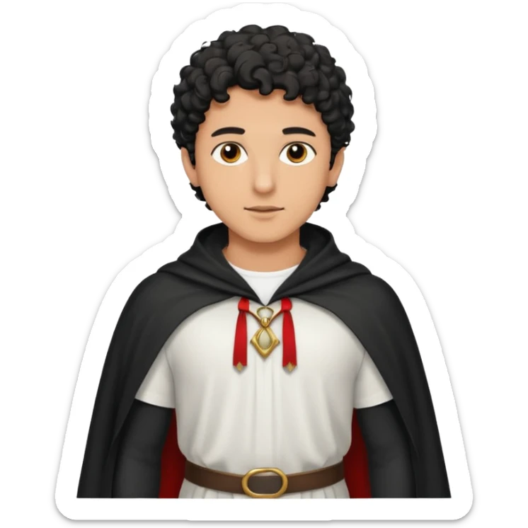 Apariencia: Joven de unos 25-30 años, atractivo,.
-Rostro: Ojos oscuros, piel ligeramente morena, rasgos árabes finos.
-Cabello: Negro, rizado corto, viste como cristiano (camisa blanca, capa corta, colores sobrios). Que salga de cuerpo completo sticker
