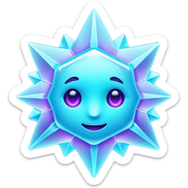 Futuristic glowing ice crystal emoji, icy neon cyan highlights, purple neon accents, dark background, digital tech style, no face. sticker