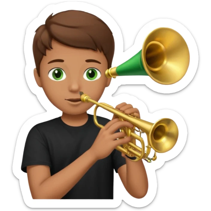young man with brown hair that goes up, green eyes who plays a trumpet, black t shirt sticker