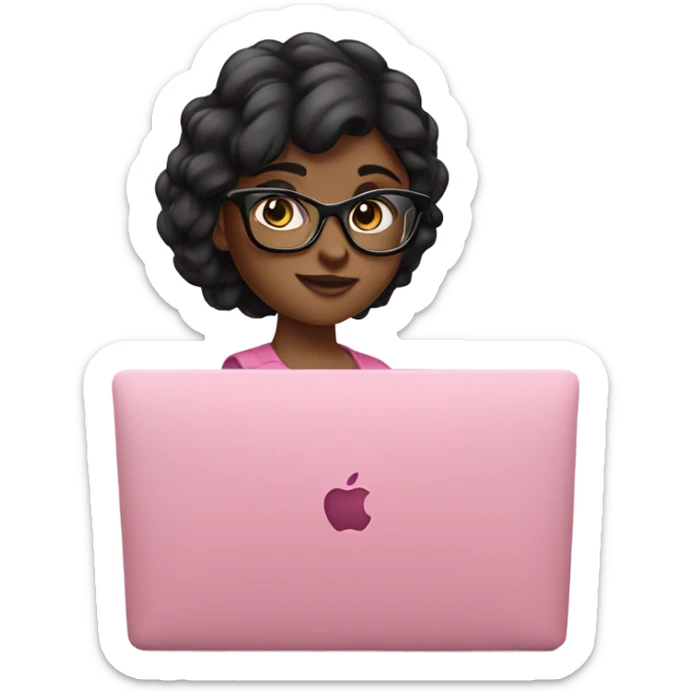 girl with black hair wearing eyeglasses working on a pink macbook laptop sticker
