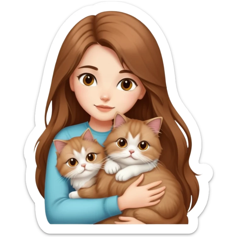 A pretty girl with long brown hair is hugging her light hair persian cat. sticker