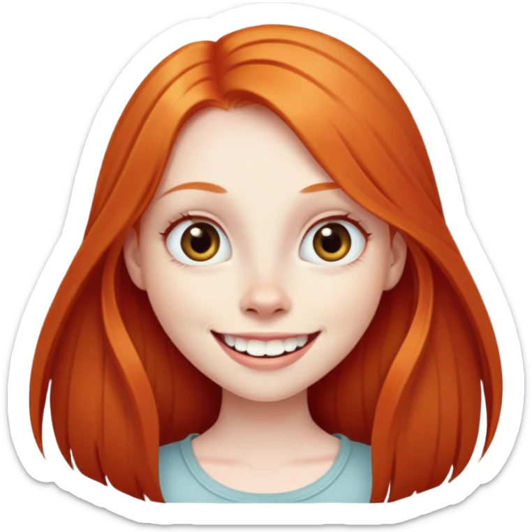 traditional emoji of young girl with very pale skin, long straight bright ginger red hair, very big wide human eyes positioned close together, wide nose, big smile with extremely large prominent teeth showing, classic round face sticker