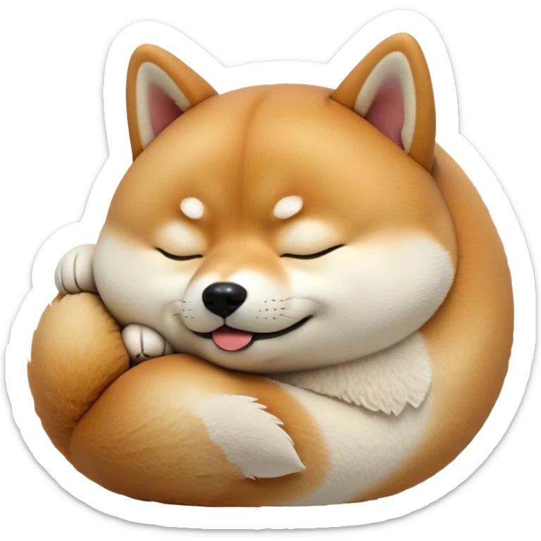 Cinematic Meme-Worthy cute Sleeping Shiba Inu Portrait Emoji, Head resting peacefully with a contented smile, featuring a delightfully cute build and a luxuriously soft fur with a creamy underbelly, eyes shut in a serene nap, Simplified yet hilariously adorable features, highly detailed, glowing with a soft, drowsy light, high shine, relaxed and utterly lovable, stylized with an air of playful laziness, bright and endearing, soft glorwing outline, capturing the essence of a comically sleepy companion, so meme-worthy it feels like it could instantly become the next viral sensation of adorable slumber! sticker