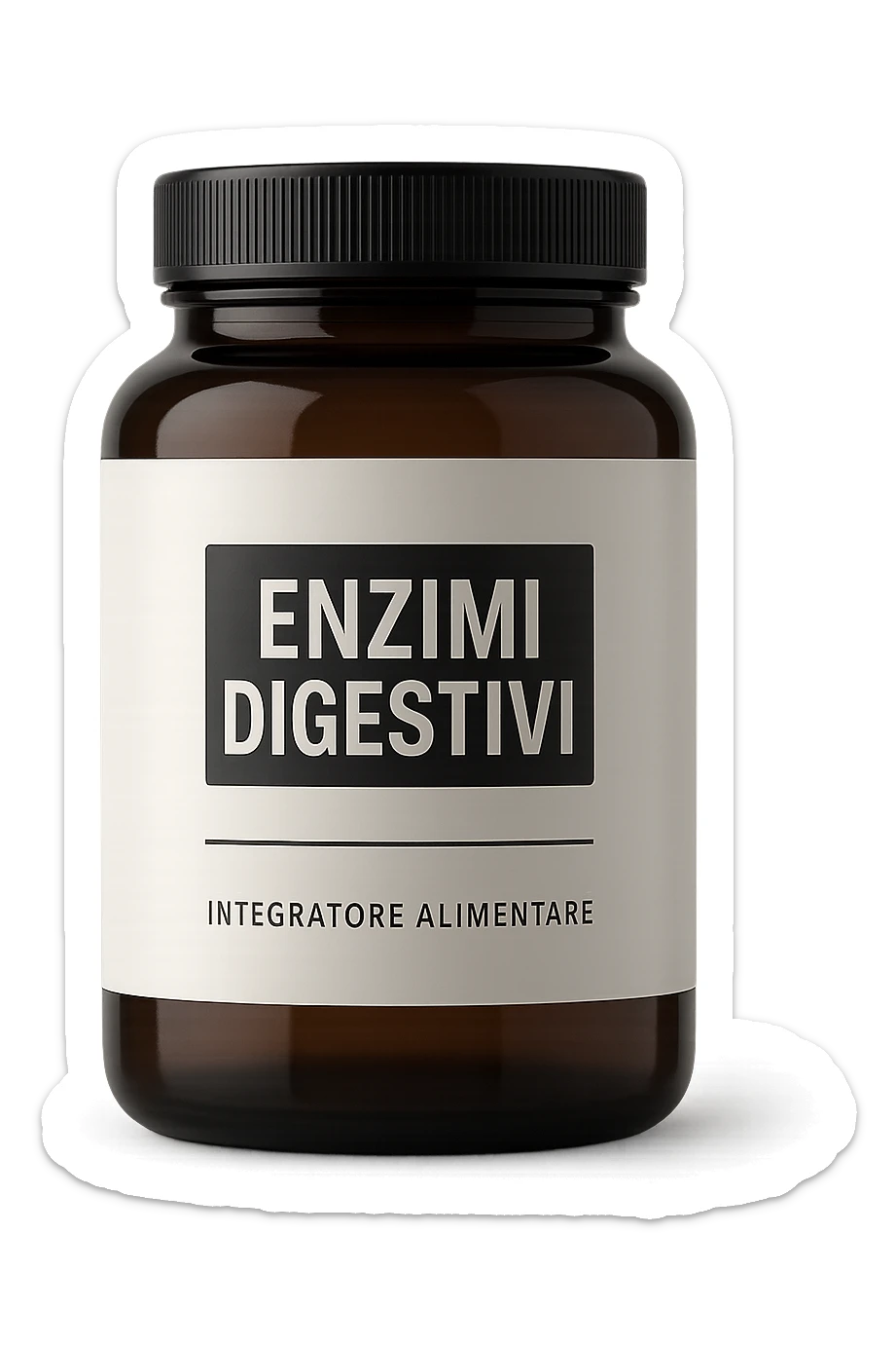 barattolo di integratore con la scritta "ENZIMI DIGESTIVI", iperrealistico 4k sticker