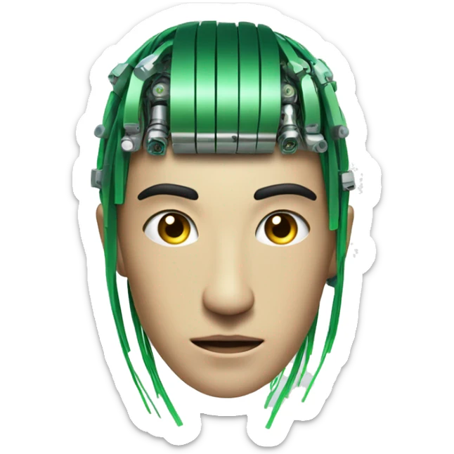 Head of Asian male cyborg with long green hair and circuits sticker