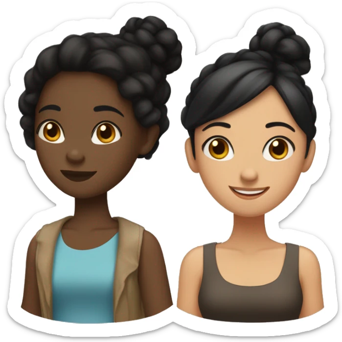 “Three friends: one with fair skin and straight black hair, another with dark skin and black hair in a low bun, and the last with tan skin and wavy black hair.” sticker