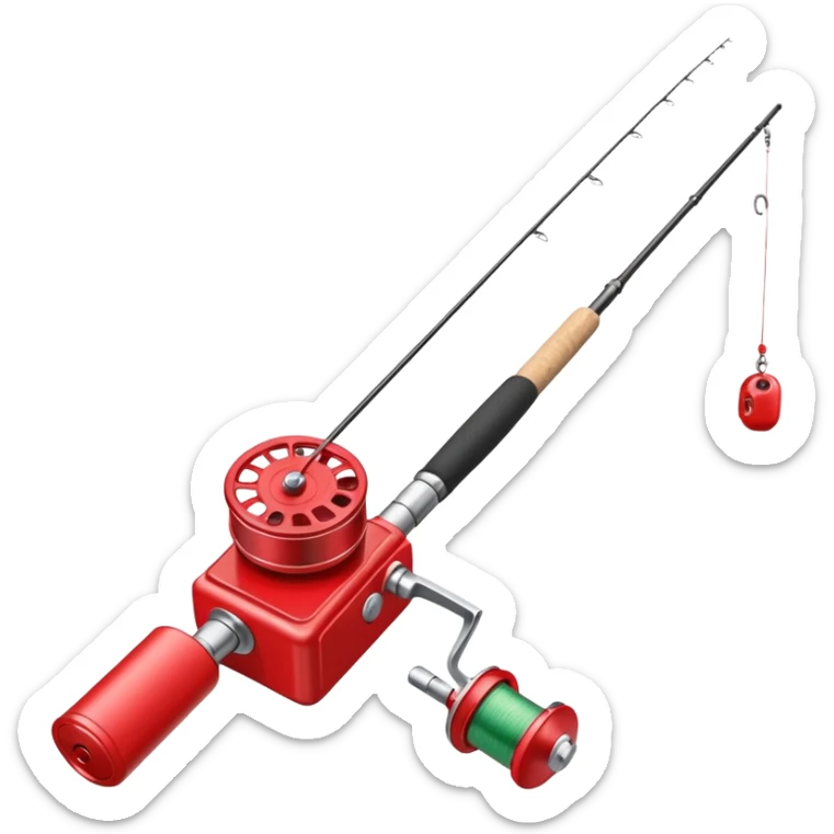 A fishing rod with reel and line neatly coiled beside a bait box. sticker