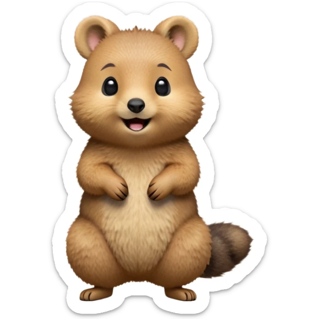 cinematic-quokka-realistic-full-body-standing on its hind legs hunched over-emoji,-small-round-frame-balanced-on-tiny-strong-hind-legs,giant fluffy cheeks large smile-fluffy-brown-fur-radiating-a-warm-softness,-big-round-eyes-filled-with-joy-and-innocence,-tiny-clawed-paws-held-close-to-chest,-cheerful-smile-exuding-endearing-happiness,-simplified-yet-realistic-focused-features,-highly-detailed,-glowing-with-a-sunny-warmth, skinny tail sticker